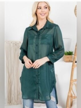 AVAILABLE Sheer Long Shirt Dusty Teal Sz S NWT